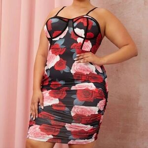 Floral Rose Bodycon Dress 2X | Bustier Cup Ruched Stretch Curve Fit Sexy Mini